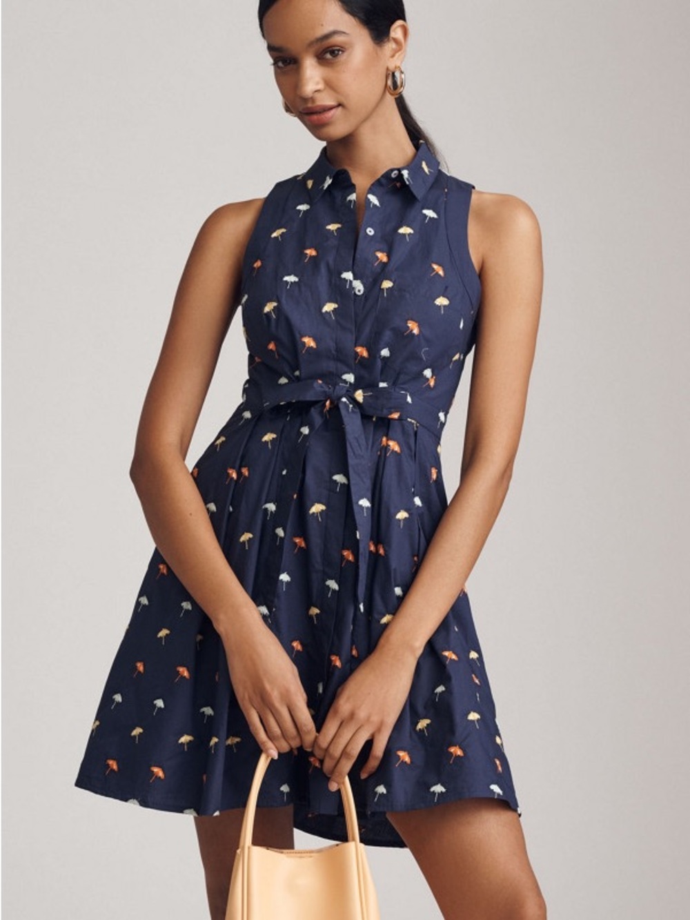 NWT Maeve Navy Sleeveless Shirt Dress with Multicolor Umbrella Print
